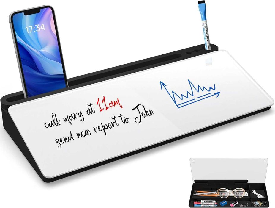 НОВА! Стъклена дъска за бюро с органайзер, бяла, с маркери и чекмедже