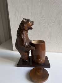 Советский антиквариат: Богородский деревянный медведь для мелочей 26см