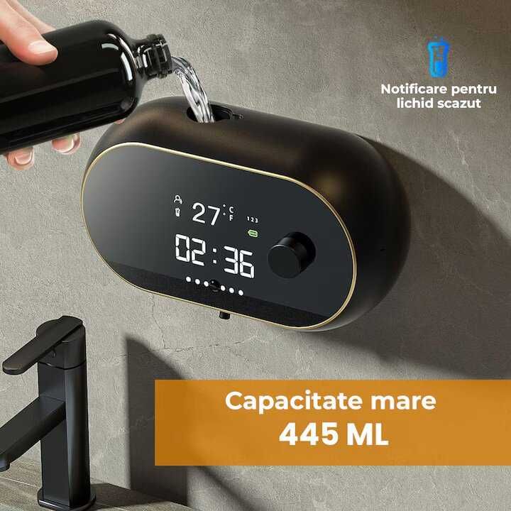 Dozator Automat Sapun Lichid, Afisaj Temperatura, Ora, Cablu USB,Negru