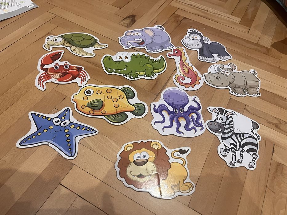 Детски дървени пъзели, животни за сортиране по цветове, игра “Риболов”