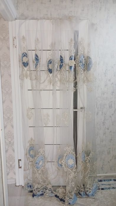 Тюль 400*280 сетка белый , голубой