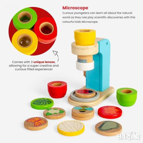 Bigjigs Toys Дървена играчка микроскоп от 14 части с 3 лещи