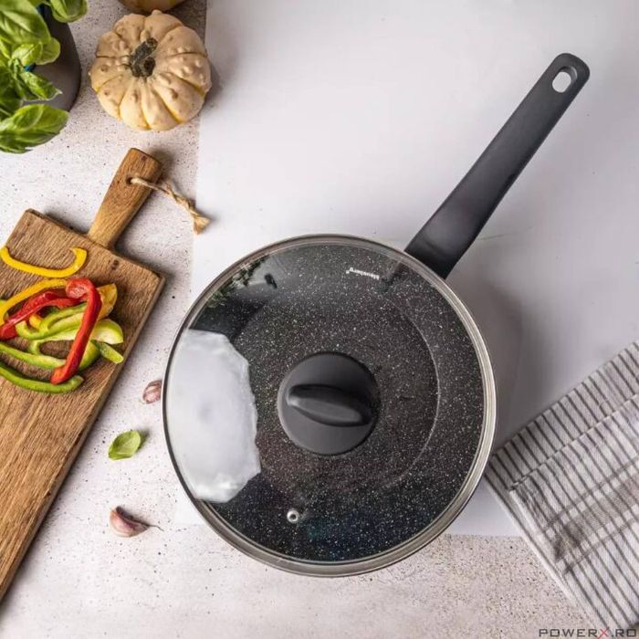 Tigaie din aluminiu turnat, marmorata, cu capac, neagra, 24cm,