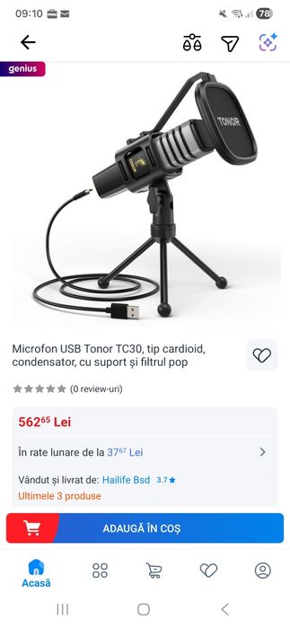 Microfon USB Tonor TC30, tip cardioid, condensator, cu suport și filtr
