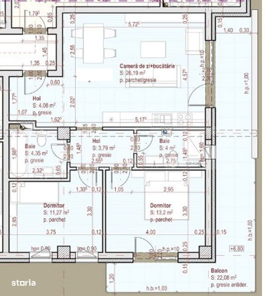 Apartament cu 3 camere, 67 mp, terasa de 22 mp, etaj intermediar, zona