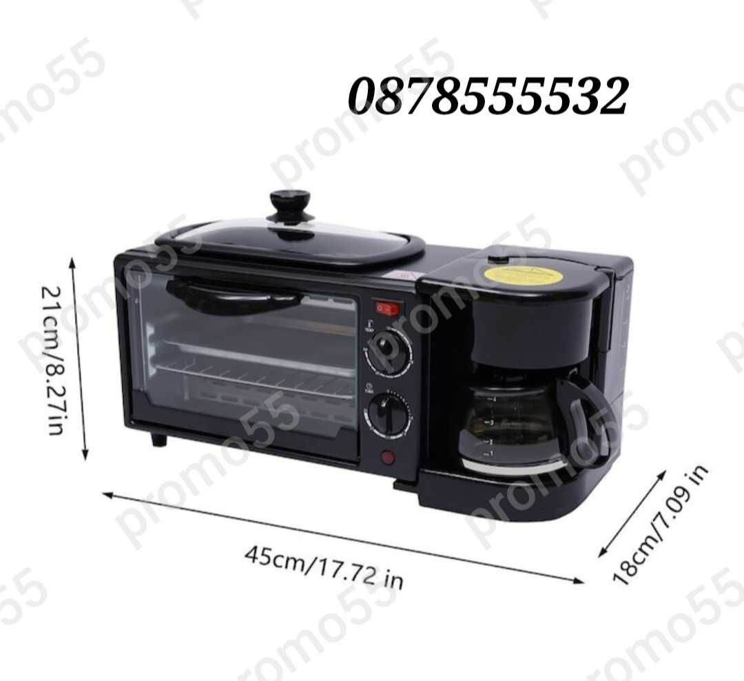 Мултифункционална Мини Фурна с Таймер 2800W 3В1 Грил плоча, Кафемашина