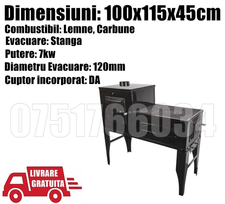 Soba Cizma L Lemne Cuptor Neagra 7kW Evacuare Stanga LIVRARE GRATUITA