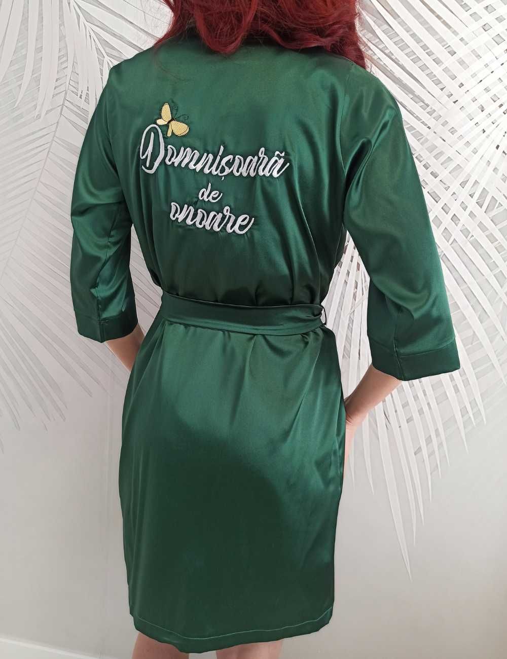 Halat personalizabil domnisoare de onoare, material satin, verde brad