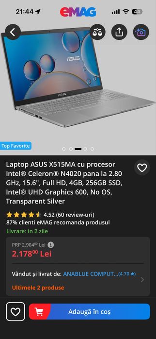 Laptop Asus cumparat de nou