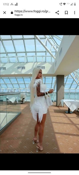 Rochie Eleganta De Ocazie, Scurta Cu Fulgi Si Franjuri, Alba