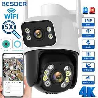 Външна водоуст двойна камера ICSEE 8MP 360° въртяща цветно нощно