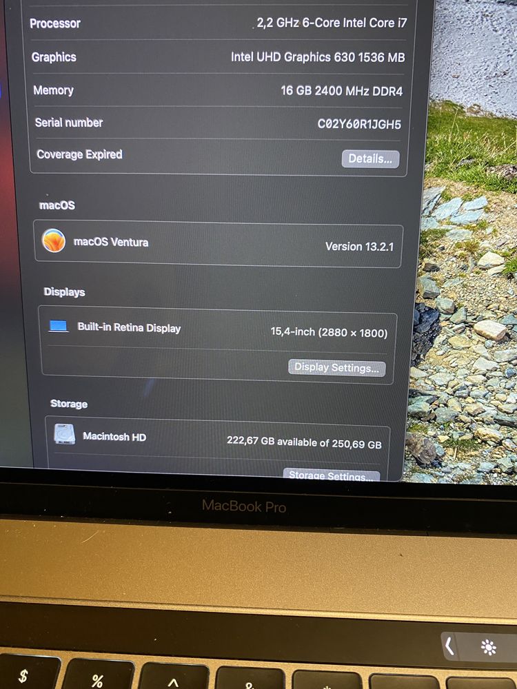 MacBook Apple Pro Retina 15.4" 2019 i7 2.2 Ghz 16GB DDR4 256 SSD