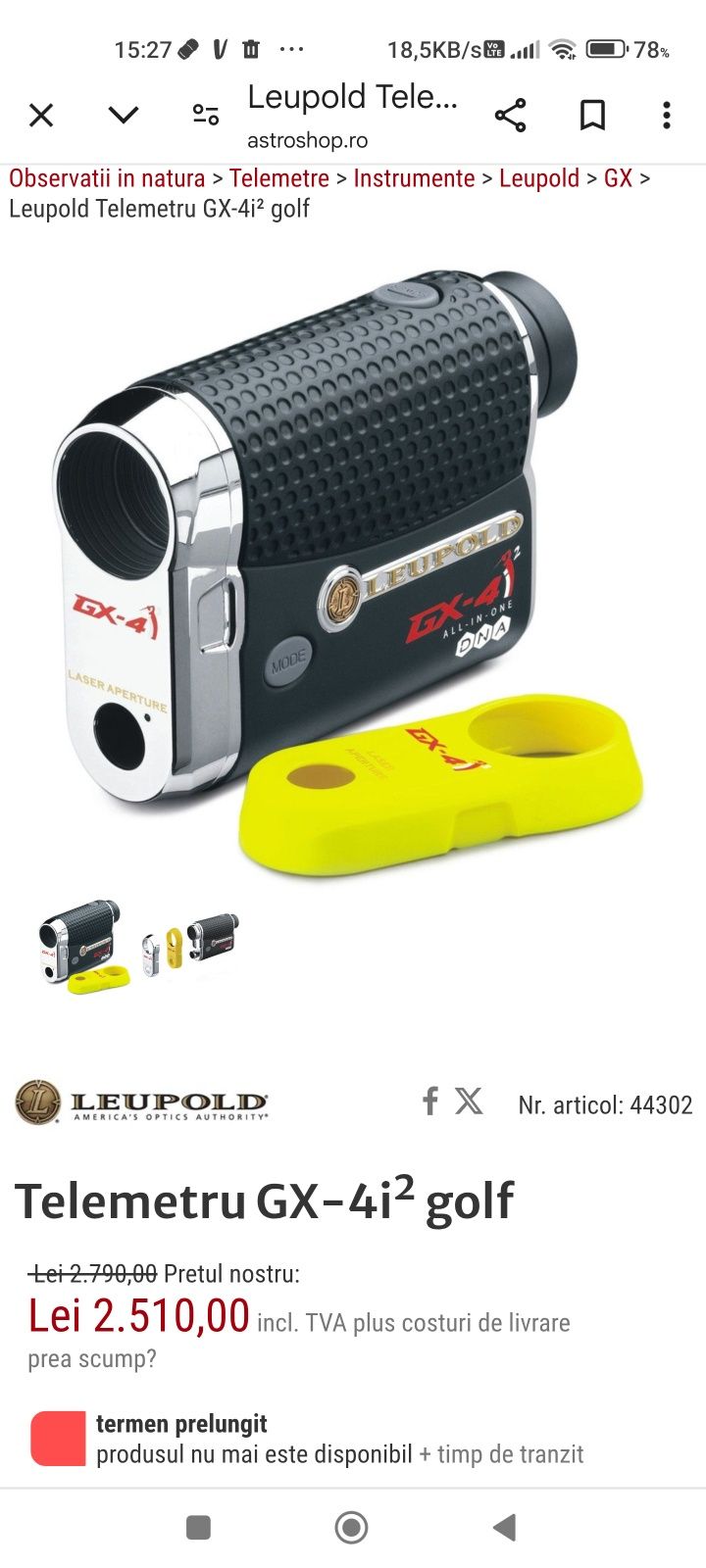 Telemetru laser Leopold GX-4. Pentru golf.