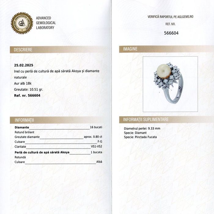 inel aur 18k, perla Akoya, diamante excelente, certif.