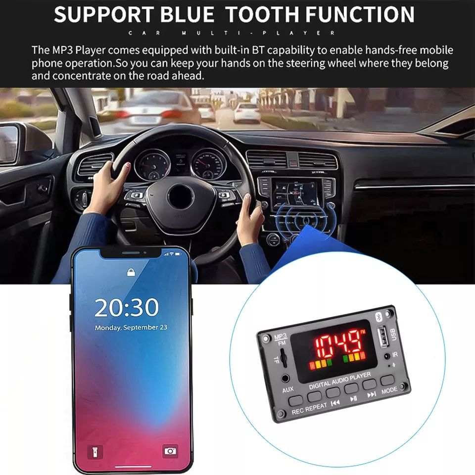 MP 3 player 12V за вграждане с Bluetooth 5.0, микрофон,Tf card,,Fm,AUX