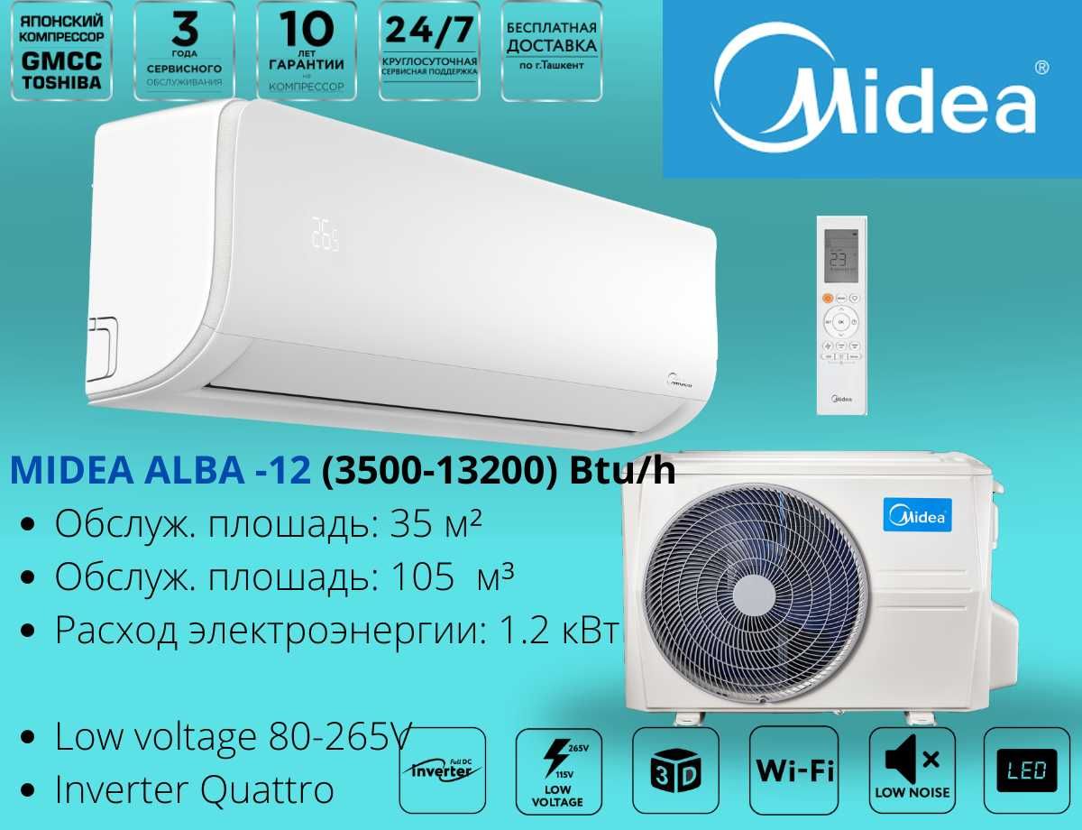 Кондиционер Midea-12 модель Alba Inverter Low voltage от 105v