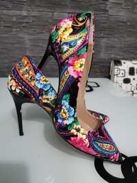 Pantofi cu toc, multicolor, floral, mărimea 38