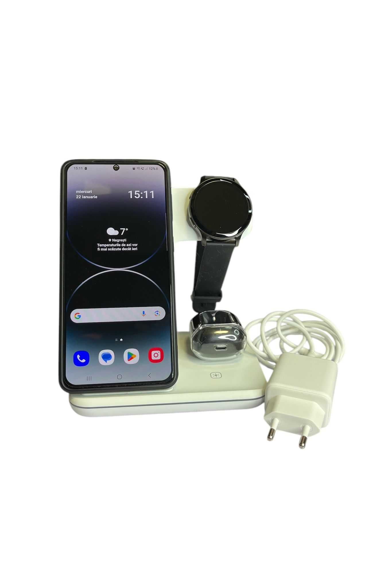 Incarcator wireless, statie incarcare 3in1, culoare alb, 15W