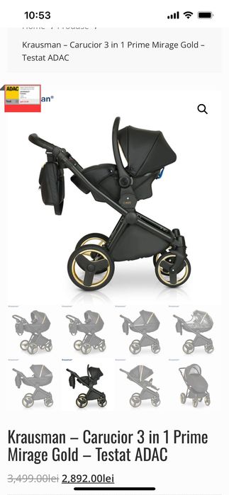 Căruț Krausman 3in1 Prime Mirage Gold folosit 4 luni