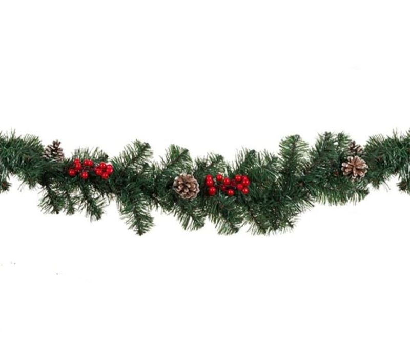 Коледен гирлянд, Елхови клонки, Шишарки, Червени плодове, 2.7 м, Зелен