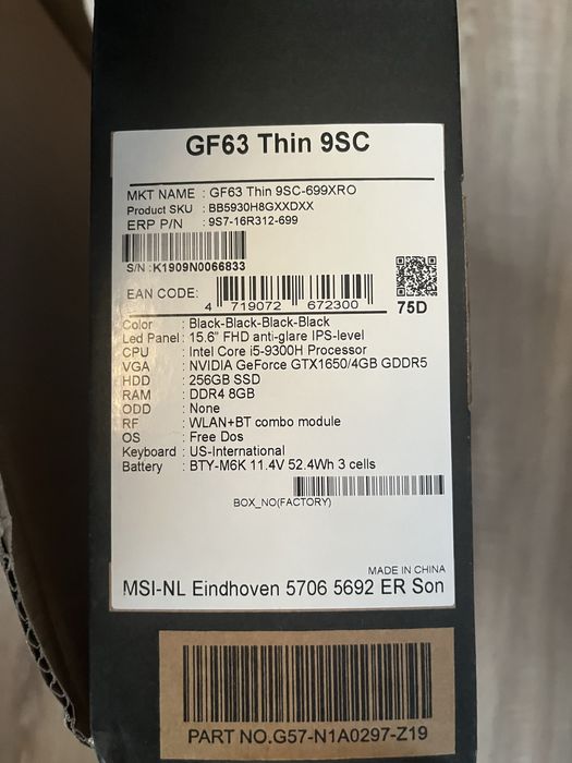 Vand laptop gaiming msi gf 63 Thin 9 SC