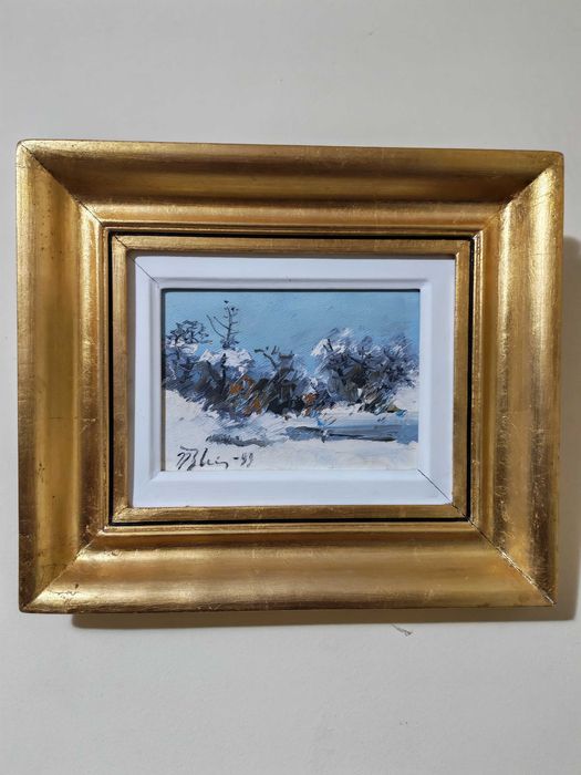 Tablou original Blei Nicolae - peisaj de iarna 18,5 x 19 cm, semnat