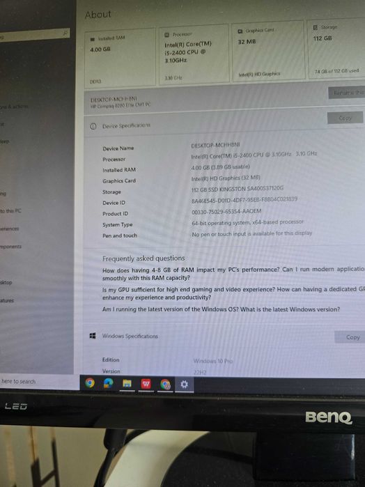 Calculator PC HP Intel Core i5-2400 4 gb RAM 112 gb SSD Win 10 pro