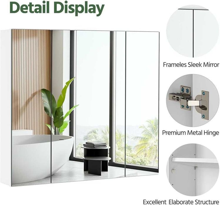 Шкаф за баня с огледало с 3 огледални врати, 15x70.5x60.5 см, бял 301