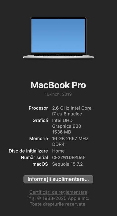 MacBook Pro 16" 2019 - i7, 16GB RAM, 500GB SSD - Stare Excelentă