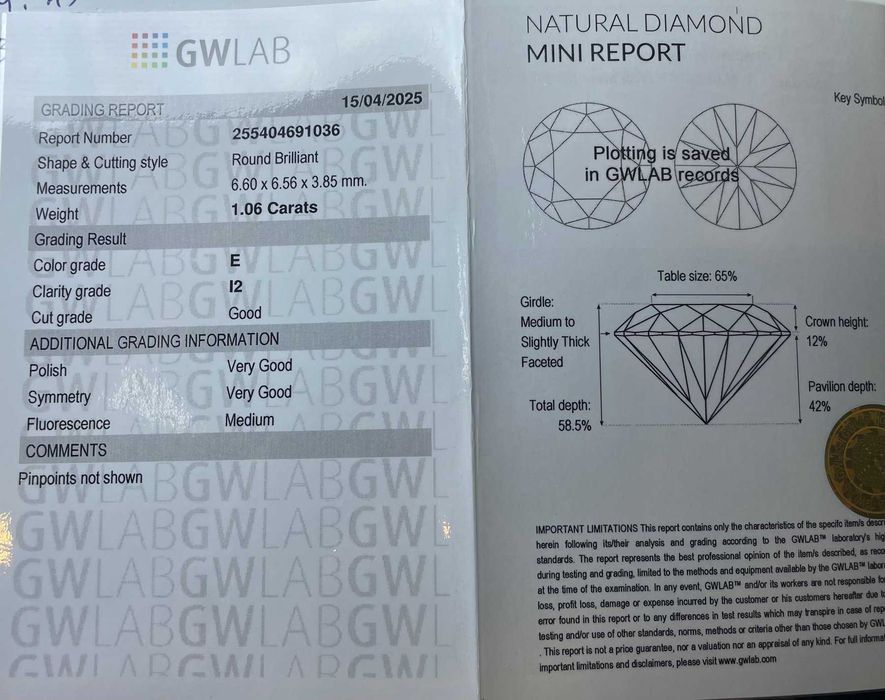 Диамант 1.06 ct, цвят E, с GWLAB сертификат