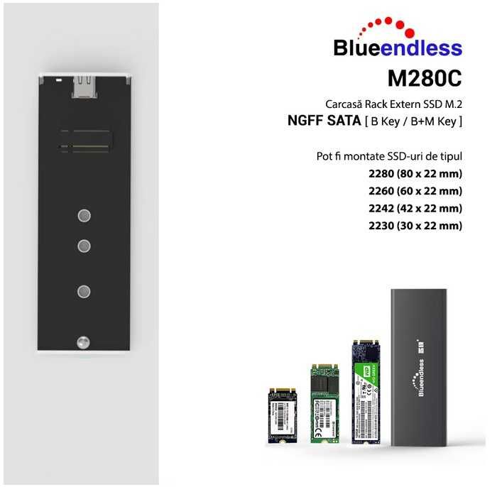 Rack extern / carcasa SSD M.2 NGFF (de tip SATA) la USB 3.0 + USB-C