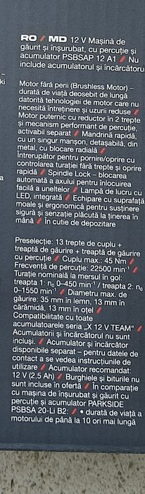 Mașină de înșurubat și găurit parkside performance 12 v 45 Nm