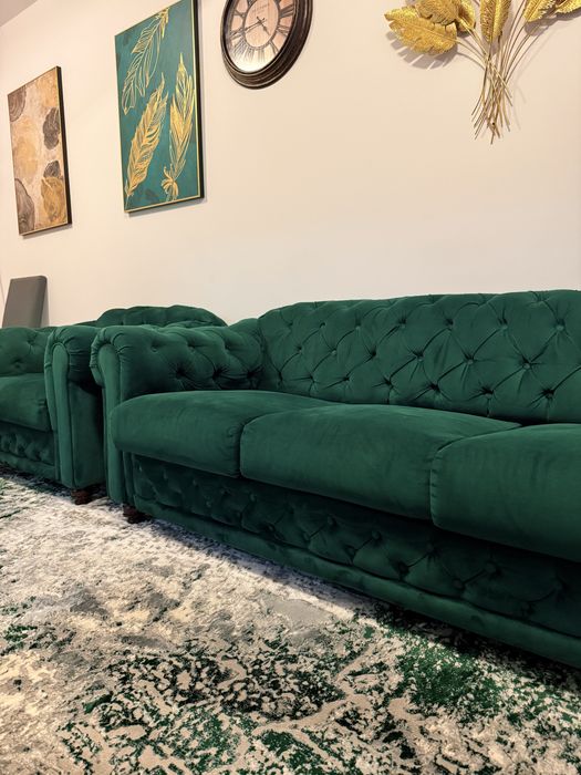 Canapea extensibila + fotoliu chesterfield verde