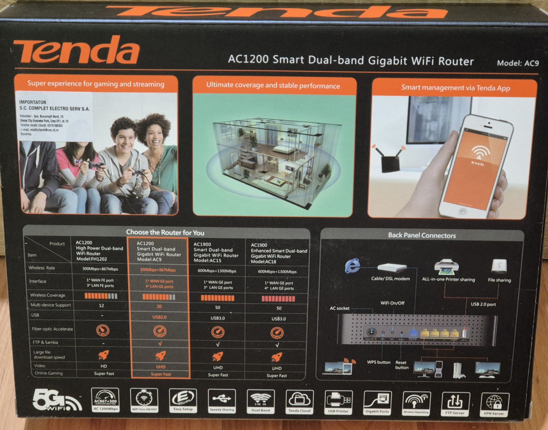 Router wireless Tenda AC9, Gigabit 1200, Dual-Band