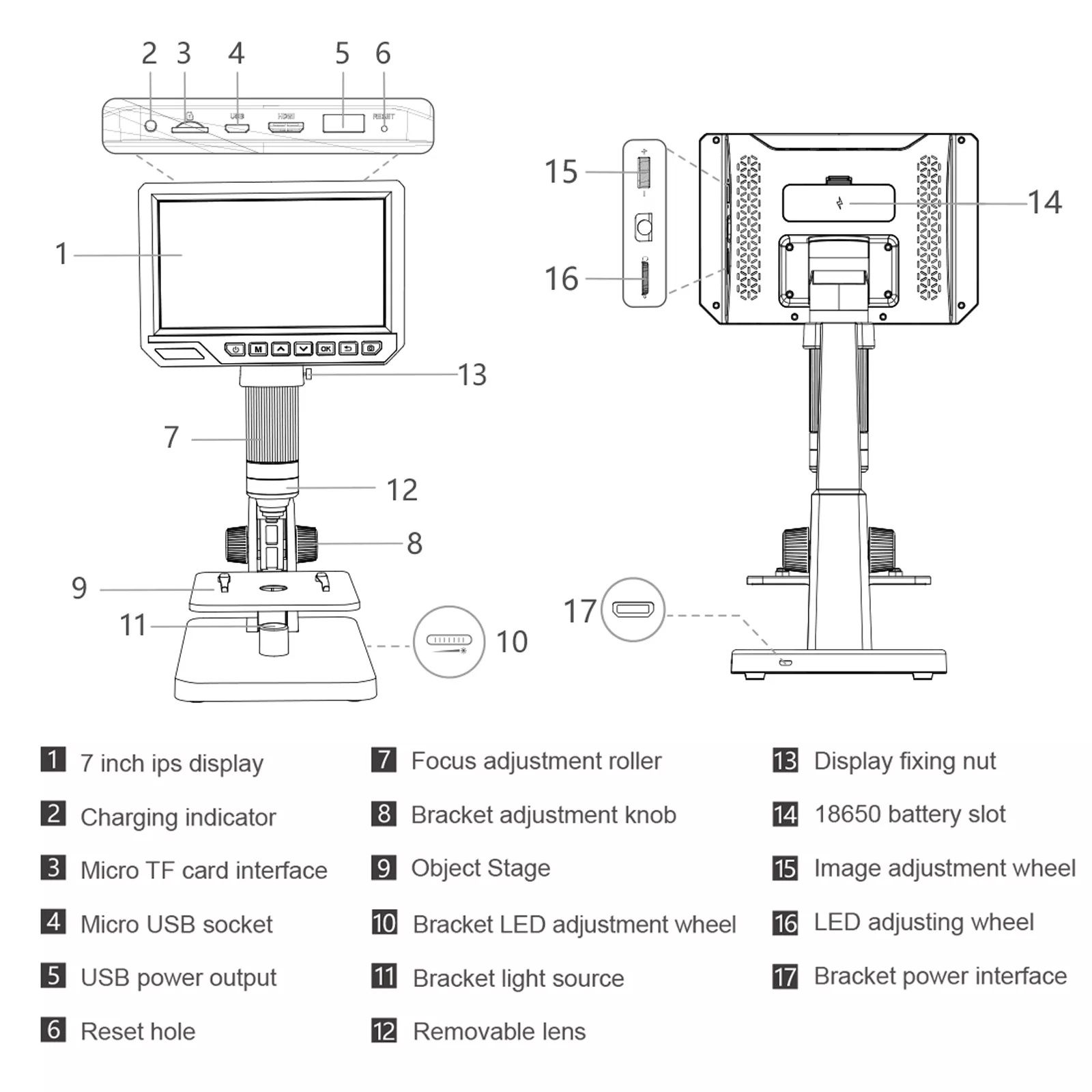 Дигитален микроскоп 12 MP, 2000X, 7"IPS дисплей 1080P, 2 обектива, Led