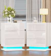 Нощни шкафчета Бял гланц с LED осветление и 3 пуш чекмеджета
