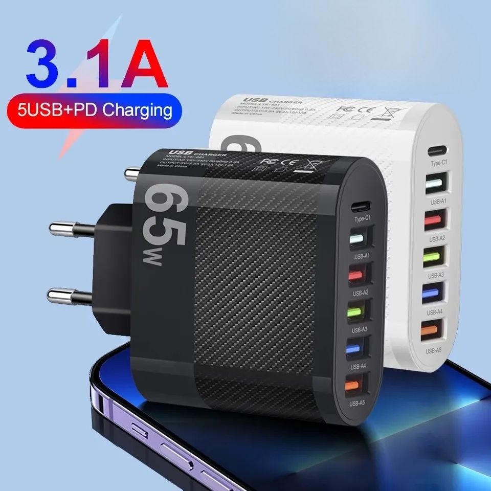 Priză 6port USB 65W: 5Usb+1UsbC. Protecție supraincalzire. Fast Charge