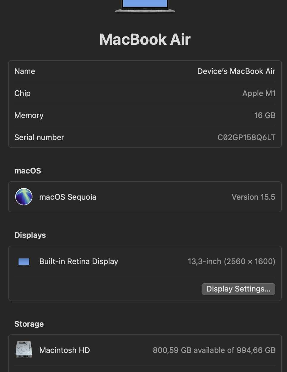 Macbook Air 13 M1 16GB 1TB