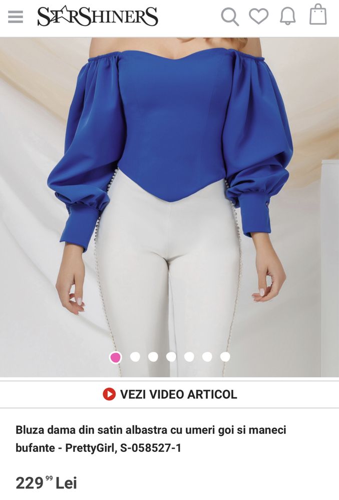 Bluza dama din satin albastra cu umeri goi si maneci bufante