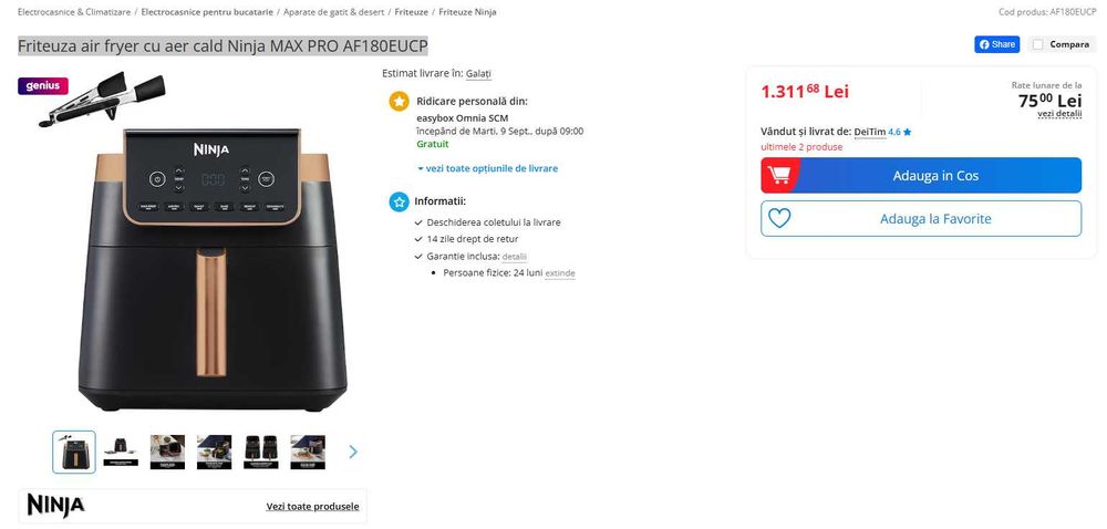 Friteuza air fryer cu aer cald Ninja MAX PRO AF180EUCP