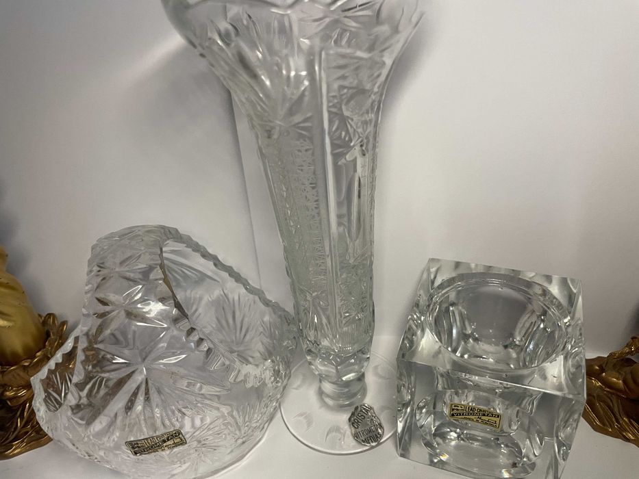 Sfesnic x2 sau vaza cristal fin Vitrometan Romania vintage nu Bohemia