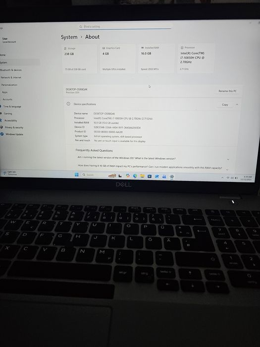 Laptop Dell Precision 3551/ i7-10850H/512gb ssd/ Nvidia Quadro P620