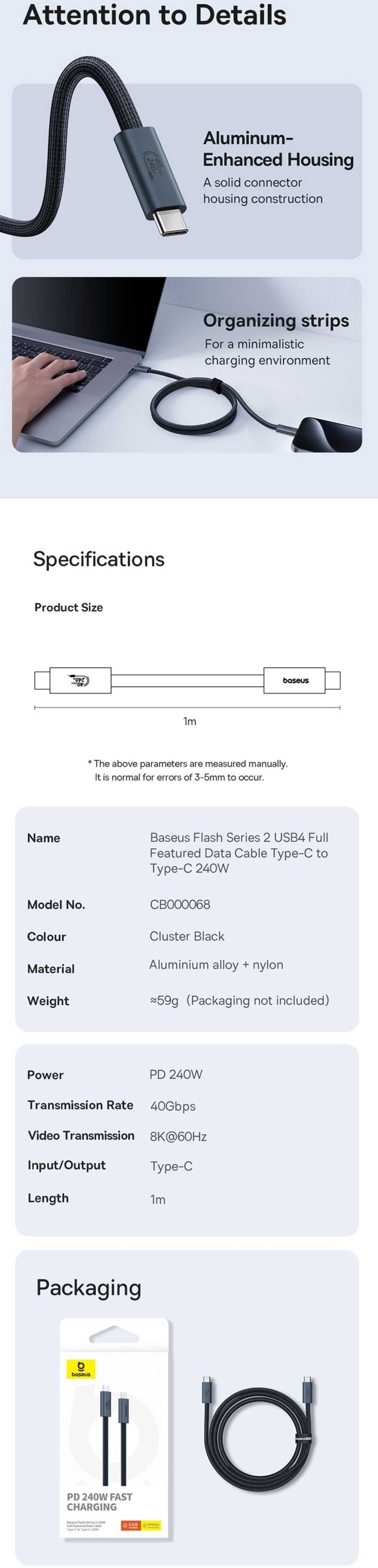Baseus USB4 Type-C to Type-C PD 240W 40Gbps 8K-60Hz for MacBook Laptop