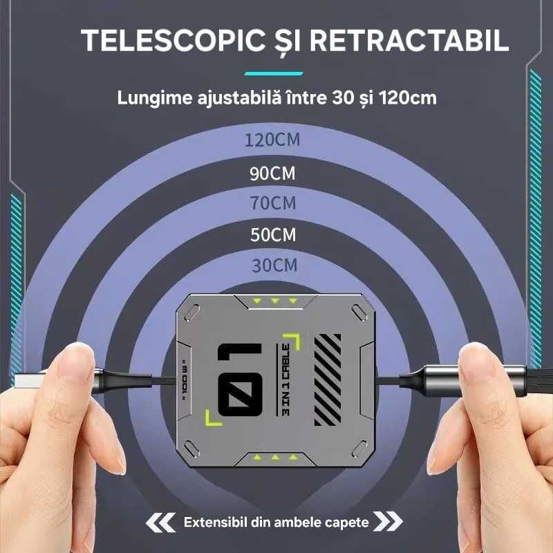 Cablu încărcare+date 3în1. Telescopic. Super fast charge 100W