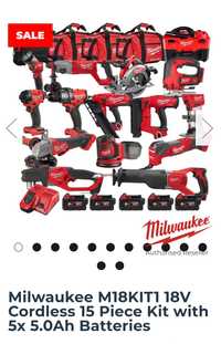 Milwaukee 18V Cordlees 15 Piece Kit With 5×5.0Ah Batteries