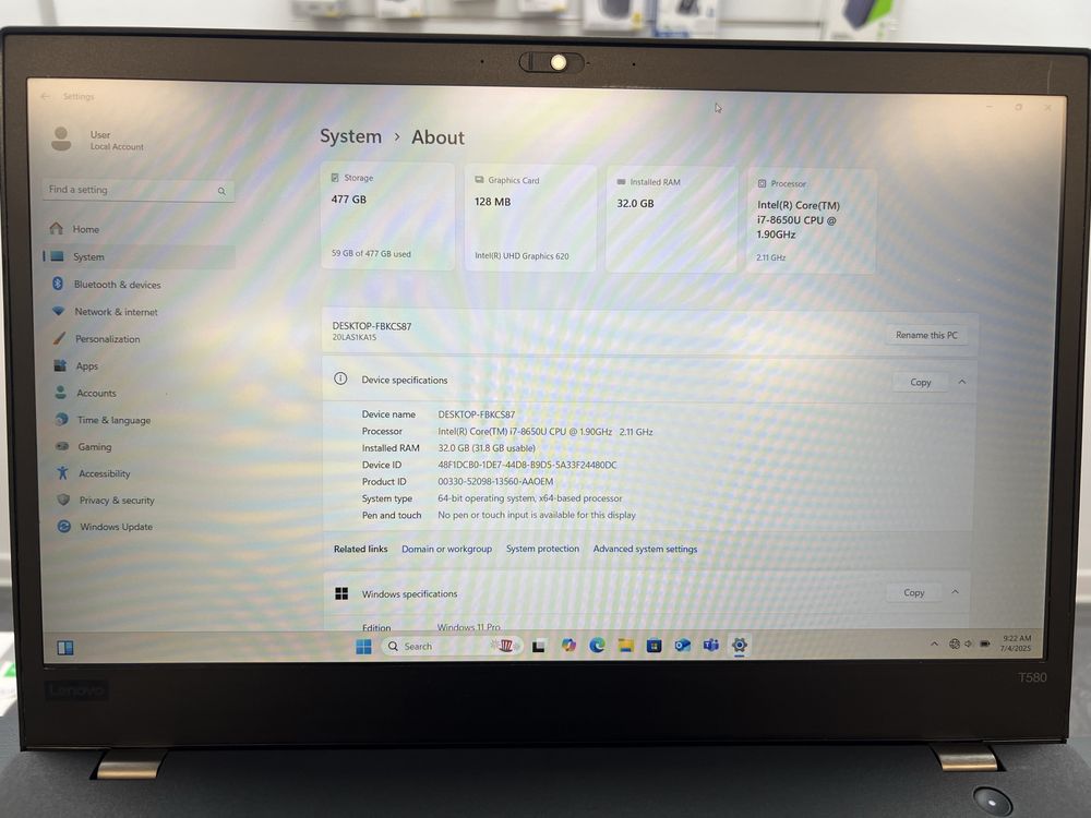 Lenovo ThinkPad T580 i7-8650U 32GB RAM DDR4 512GB SSD M.2 Garantie