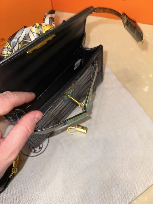 Geanta Hermes Kelly 19cm black piele croco