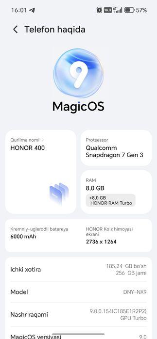 Honor 400 256 xotira xolati idial 2 oy buldi olinganiga narxi 4.5mln