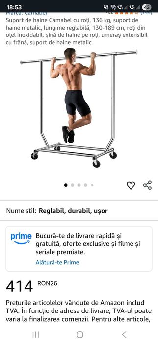 Suport de haine Camabel cu roți, 136 kg, 130-189 cm, roți din oțel