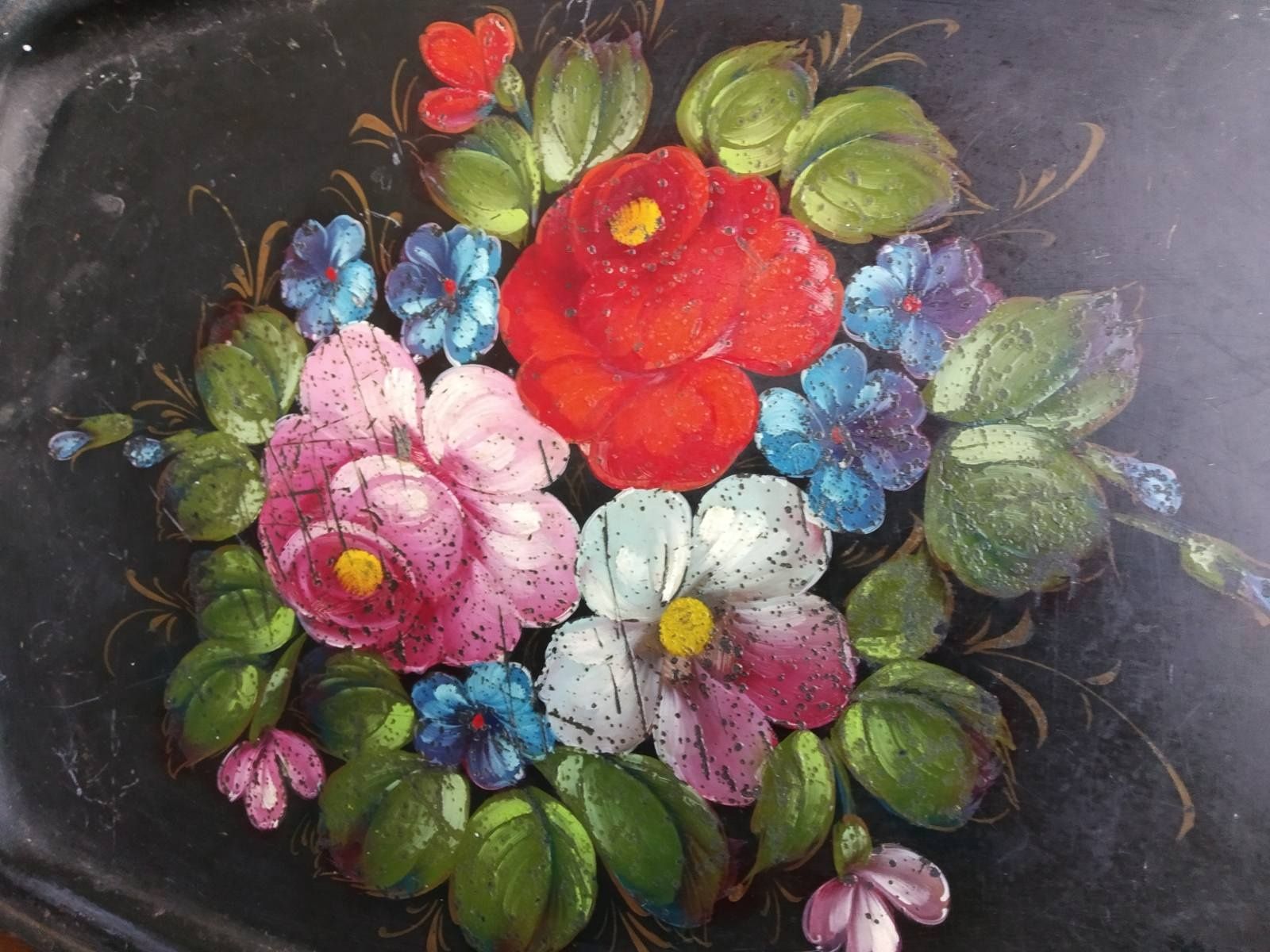 Стара Руска табла поднос с рисунка цветя 4